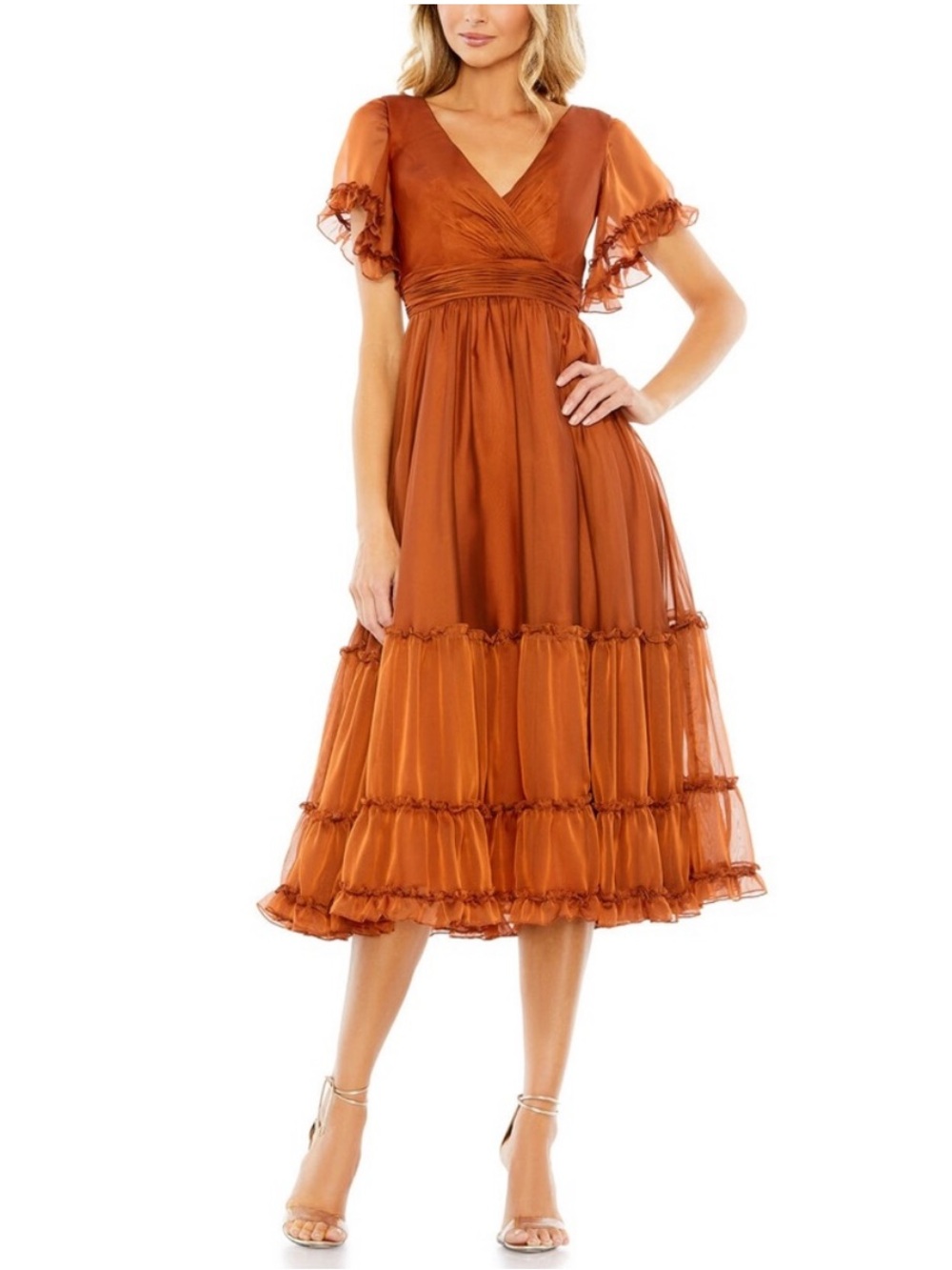 Mac Duggal Rust Organza Ruffle Midi Wedding Guest Dress NWT 6